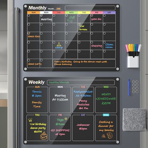 Acrylic Magnetic Dry Erase Board for Fridge, 2-Pack Monthly & Weekly Calendar Planner Note Blackboard Set for Refrigerator/Wall/Glass/Kitchen, 7 Colors Markers (16"x12") in Saudi Arabia