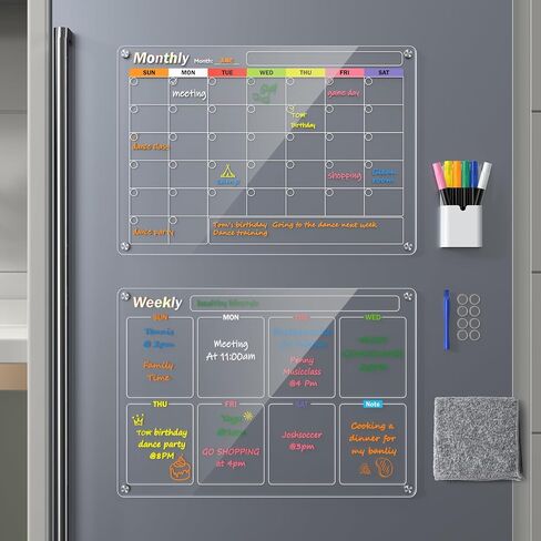 Acrylic Magnetic Dry Erase Board for Fridge, 2-Pack Monthly & Weekly Calendar Planner Note Blackboard Set for Refrigerator/Wall/Glass/Kitchen, 7 Colors Markers (16"x12") in Saudi Arabia
