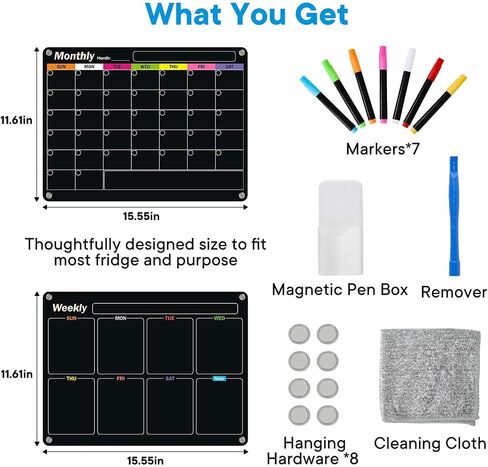 Acrylic Magnetic Dry Erase Board for Fridge, 2-Pack Monthly & Weekly Calendar Planner Note Blackboard Set for Refrigerator/Wall/Glass/Kitchen, 7 Colors Markers (16"x12") in Saudi Arabia