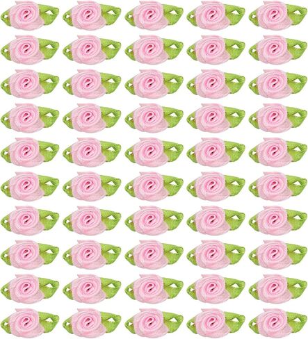 PATIKIL 15mm Tiny Satin Ribbon Rose, 250 Pcs Fabric Flowers Embellishments Rosettes Applique with Green Leaves for DIY Crafts Wedding Decor, Pink in Saudi Arabia