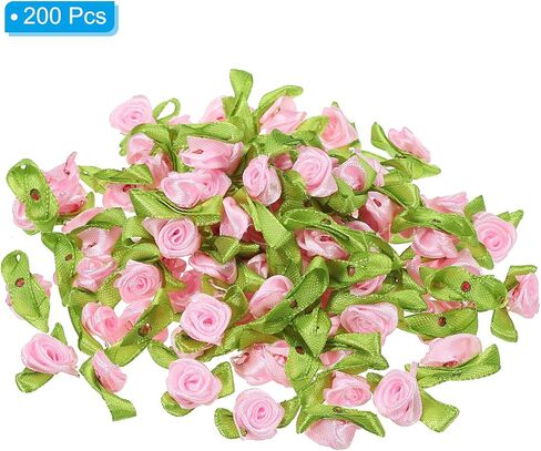 PATIKIL 15mm Tiny Satin Ribbon Rose, 250 Pcs Fabric Flowers Embellishments Rosettes Applique with Green Leaves for DIY Crafts Wedding Decor, Pink in Saudi Arabia