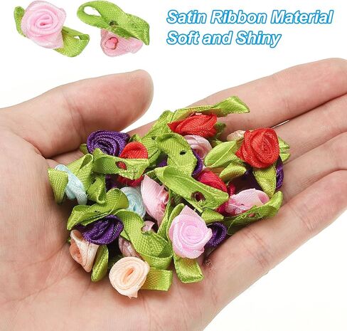 PATIKIL 15mm Tiny Satin Ribbon Rose, 250 Pcs Fabric Flowers Embellishments Rosettes Applique with Green Leaves for DIY Crafts Wedding Decor, Pink in Saudi Arabia