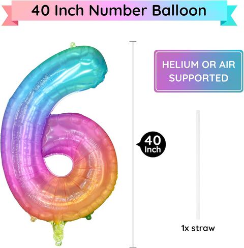 Rainbow Number 6 Balloon, 40 Inch Large Number Foil Mylar Balloons for 6th Girl Boy Birthday Party Celebration Decorations Supplies, Digital Balloons for Wedding Anniversary Events Decora in Saudi Arabia