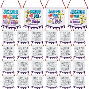 Buryeah 24 Pcs Religious Sunday School Crafts for Kids Color Your Own Jesus Loves Me Banners Pom DIY Coloring Christian Jesus Loves Me Crafts for Activity Supplies