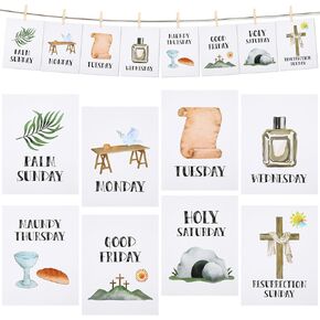 8 Pcs Easter Story Cards Holy Week Cards with 10 Pcs Clip Photo Holders, Twine and 40 Pcs Point Glue for Kids Adults Christian Sunday School Bible Jesus Last Week Christ Religious Easter Decoration