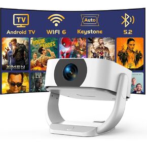 【Built-in Apps】Android Smart Projector with Electric Focus & Auto Keystone, Native 1080P Movie Projector with WiFi and Bluetooth, 270° Rotatable Portable Outdoor Projector for Phone/Laptop/HDMI/USB