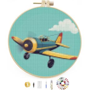 Cartoon Airplane Stamped Cross Stitch Kits for Beginners with Hoop Simple Patterns 11CT Counted Embroidery Needlepoint Crafts Arts for DIY Enthusiasts and Home Decor 26x26cm