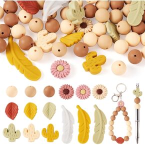 Craftdady 72Pcs Silicone Focal Beads for Pens, Cute Daisy Leaf Focal Beads Cactus Silicone Beads Feather Rubber Loose Spacer Beads 15mm Silicone Round Beads for Keychain Lanyard Jewelry Making