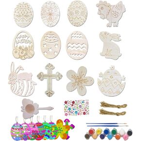 Nsoicrac Unfinished Wooden Easter Egg Bunny Crafts for Kids - 25-Piece DIY Spring Decor Kit with 12 Shapes, Natural Wood Ornaments & Brush (Chicks, Rabbits, Flowers)