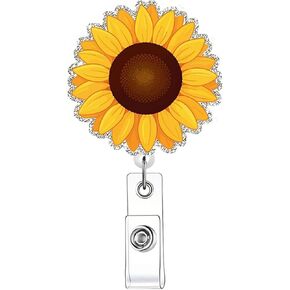 Spring Cute Sunflower Nurse Badge Reel Retractable Glitter Colorful Name Tag Acrylic Alligator Clip Summer ID Badge Holder for Nurse Work Teacher RN Student Cop Office Doctor Staff Cute Badge Clip