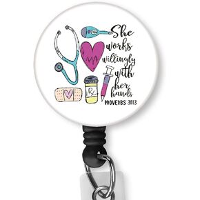 She Works Willingly with Her Hands Nurse Badge Clip Badge Holders Card Holders Nurse Badge Reel Retractable ID Name Reels Alligator Clip Nylon Cord Doctor Lanyard