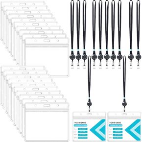 50 Pack Lanyard with ID Holder Sets - Flat ID Lanyard with Retractable Badge Reel, Clear Horizontal ID Card Tag Name Badge Holder ID Badge Holder for Offices(Black,50 Pack)