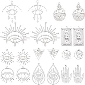 SUNNYCLUE 1 Box 20Pcs Tarot Style Stainless Steel Charms Evil Eye Charms Hamsa Hand Lucky Charm Egyptian Eye Charm Rectangle Card Sun Double Sided Flat Round Hollow Charm for Jewelry Making Charms
