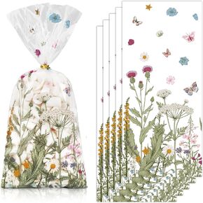 JarThenaAMCS 100Pcs Wildflower Cellophane Bags with Twist Ties Floral Butterfly Plastic Treat Bags Clear Candy Goodie Bags for Spring Party Snack Cookie Packing