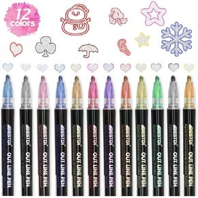 12 Color Outline Markers, Super Wavy Outline Metallic Markers, Double Line Paint Glitter Markers for Christmas Card Writing, Birthday Wishes, Painting, DIY Art Crafts