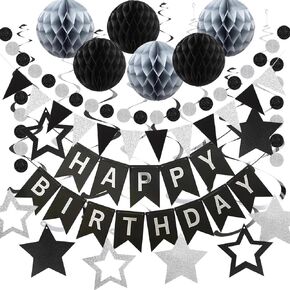 Black and Silver Birthday Decorations, Happy Birthday Banner with Honeycomb Ball, Star Hanging Swirl Streamer, Circle Dot Garland Decorations - Birthday Party Decorations for Men Boys Women Girls