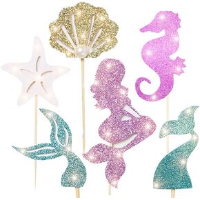 48pcs mermaid Party Decoration Supplies-Adorable Glitter Mermaid Theme Cupcake Topper,Perfect For Birthday Party,Baby Shower,Mermaid Theme Party(mermaid tail,starfish,mermaid,shell)