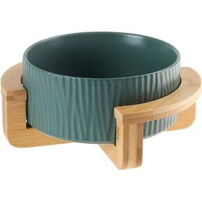 Green 6 inch Ceramic Cat Bowl with Wood Stand No Spill Pet Food Water Feeder Cats Small Dogs