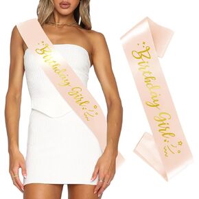 عيد ميلاد ملكة SASH - SATIN WHITE SASH مع رقائق وردية - في أعياد الميلاد السادس عشر ، 18 ، 21 ، 30 ، 40 ، 50 ،