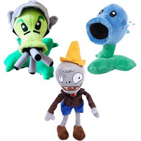 JHESAO 3 PCS Plants and Zombies Plush Brown Coat Gatling Peashooter Plush Toys Normal Zombies Ice Peashooter PVZ Plush 1 2 Stuffed Soft Doll Conehead Zombies New
