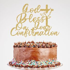 Glitter God Bless On Your Confirmation Cake Topper - Nuestro Bautizo First Confirmation Cake Topper, Baptism Religious Bridal Shower Party Decorations Gold