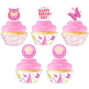 طقم كب كيك للابتسامة الوردية - 48 قطعة - أغطية كب كيك وردية وردية وأغلفة كب كيك - Smile Party Supplies - Pink Party Decorations - Cupcake