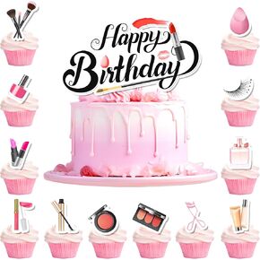 Makeup Cake Decorations, 24 Pcs Makeup Cupcake Toppers Makeup Party Cupcake Toppers 1 Pcs Makeup Theme Cake Toppers Makeup Cake Topper for Makeup Birthday Party Decorations & Spa Party Decorations