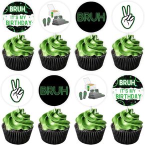 JOYMEMO Bruh It's My Birthday Cupcake Toppers Blue Black - Double Sided Bruh Happy Birthday Cake Decorations, Happy Birthday Bro, Teen Boy Birthday Party Decorations