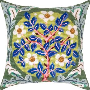 Brvsk Stamped Cross-Stitch Kit for Adults and Beginners — Rose Wreath by William Morris 16″ × 16″ with Clear, Precise Printed Design on Cotton Canvas; Includes 2 Needles, Yarn, and Easy-Read Chart