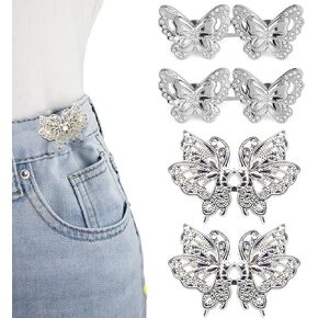 4 Sets Pant Waist Tightener, Butterfly Jeans Buttons for Loose Jeans, Adjustable & Detachable Crystal Pants Clips for Waist, No Sew Button for Jeans to Make Smaller