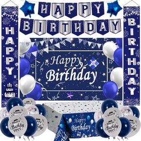 Blue and Sliver Birthday Decorations, Birthday Party Decorations for Men Boys Women Girls with Navy Blue Sliver Happy Birthday Banner Tablecloth Backdrop Porch Sign Door Decorations Balloons