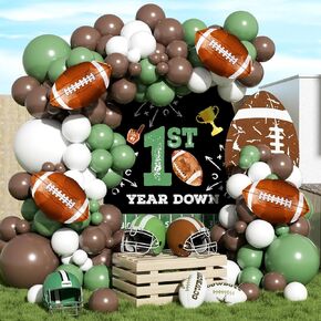 Football Balloon Garland Arch Kit, 128Pcs Sage Green Brown and White Balloons Football Foil Balloons, First Year Down Football Birthday Party Decorations Sport Theme Party Supplies
