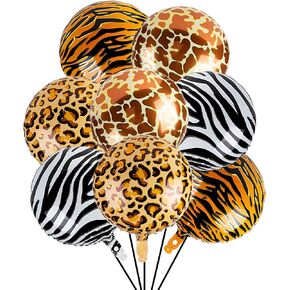8PCS Safari Animal Pattern Balloons – 18 Inch Foil Round Mylar Aluminum Balloons Giraffe Tiger Zebra Leopard Print for Zoo Safari Jungle Theme Birthday Decorations