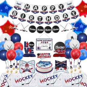Ice Hockey Birthday Party Pack - Happy Banners, Tablecloth, Centerpieces, Cake Toppers, Balloons