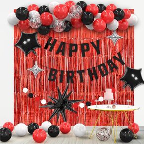 Red Black Birthday Decorations for Women Men, Red Party Decorations Supplies, White Red Happy Birthday Backdrop for Boys Girls including Happy Birthday Banner,Red Foil Curtain, Balloons Arch Kit