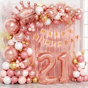 123pcs 21st Birthday Decorations with Happy 21st Birthday Banner, Fringe Curtain, Metallic Rose Gold, Pearl White Balloons