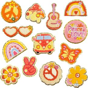 13 Pieces Hippie Retro Chenille Iron on Patches Groovy Boho Peace Sign Embroidered Repair Decoractive Patches for Clothing Backpack Jackets Jeans Shirt DIY Craft Decorations