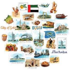 Navy Peony Futuristic Dubai Travel Stickers (30pcs) - Watercolor, Waterproof, Emirati-Themed Vacation Decals for Journals, Scrapbooks, Tumblers