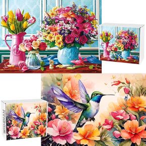 2 Pack Puzzles for Adults 1000 Pieces Flower & Hummingbird Puzzles, Mother's Day Jigsaw Puzzles for Adults 1000 Pieces and up, Spring Puzzles Gifts for Women & Mom & Teacher