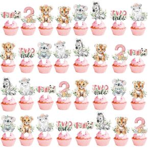 48 Pcs Animal Party Cupcake Toppers for Jungle Safari Two Wild 2st Birthday Party Decorations