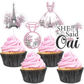 JOYMEMO 24 Pieces Paris Theme Cupcake Toppers for Girl - Pink Floral Paris Bridal Shower Decorations, Double-sided Printed Paris Cake Decor, French European Cities Travel Party Decor Supplies
