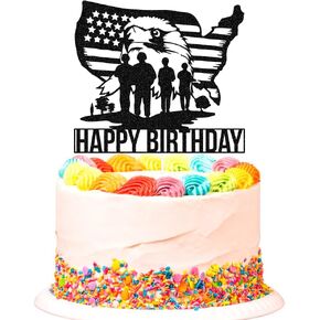 SWEETTALA Soldiers Happy Birthday Cake Topper Army American Eagle Soldier Flag Cake Decors Military Themed Birthday Party Decorations Black Glitter