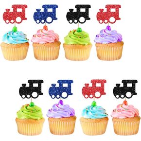 24pcs Train Cupcake Toppers, Railroad Party Cake Decor, Red&Blue Glitter Cake Decorations for Boy's Birthday, 1st Birthday/Steam Train Theme Baby Shower Party Supplies
