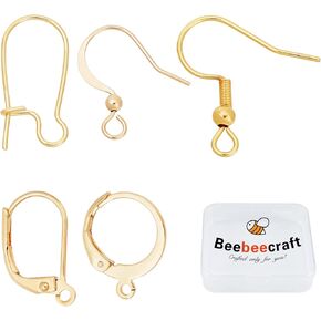 Beebeecraft 1 Box 50Pcs 5 Style Earring Hooks with Loop Hole 18K Gold Plated Earring Making Kit Leverback Huggies Earwire for Jewelry Earring Making