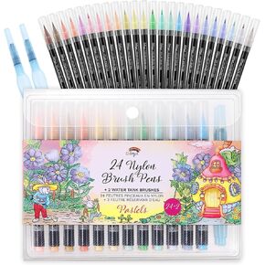 Colorya Brush Pen Set, Watercolor Soft Brush Tip Pens for Drawing - Thin Small Brush Tip Pen Brushes - Water Color Brush Point Pens w 24 Pens + 2 Water Tank Pens - Pastel Series