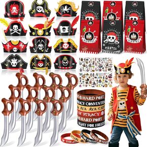 Pirate Party Favors Birthday Supplies, Pirate Swords Hats Goodie Bags Silicone Bracelet Tattoo Stickers, Pirate Accessories Classroom Rewards for Kids, Pirate Themed Birthday Party Decorations