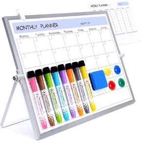 3 in 1 Magnetic Desktop Whiteboard with Stand-12 x16-with 2 Removable Soft Magnetic Planners -Monthly Calendar & Weekly Planner Whiteboards, 8 Markers, 4 Magnets, 1 Eraser-ZMRC-B-3040