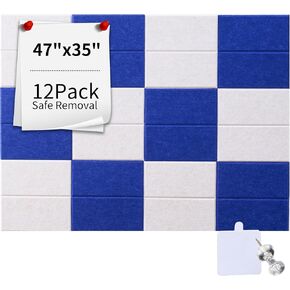 Large Felt Wall Tiles & Cork Board Set, 47x35 Inch | Includes 30 Push Pins & 96 Adhesive Tapes | 12 Felt Bulletin Board Tiles for Office, Dorm, Classroom, or Home Decor (Royal Blue and White)