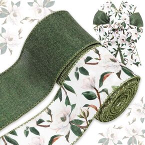Greenery Wired Edge Ribbon 20 Yards Green Eucalyptus Leaves Fabric Craft Ribbon for Spring Baby Shower Wedding Gift Wrapping Wreath Bow DIY Crafts, 2 Roll