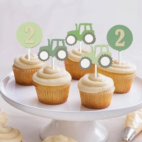 8pcs Wooden Green Tractor Cupcake Toppers，2nd Birthday Cupcake Topper，Farm Tractor Truck Car Cupcake Picks For Baby Shower，Birthday Party Construction Party Supplies ，Baby Birthday Photo Props